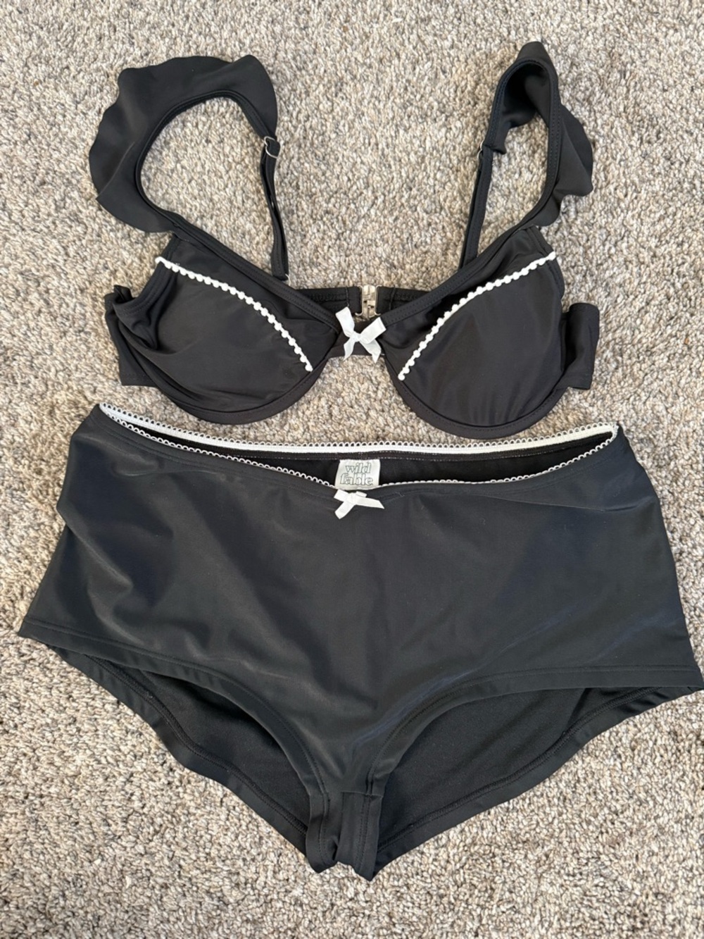Black Bikini Set with White Trim and Bow - Women Swim
